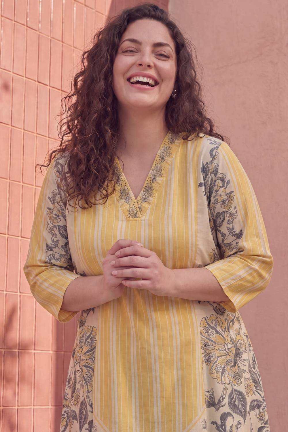 Plus Size Plus Size Yellow Floral A-Line Cotton Midi Dress