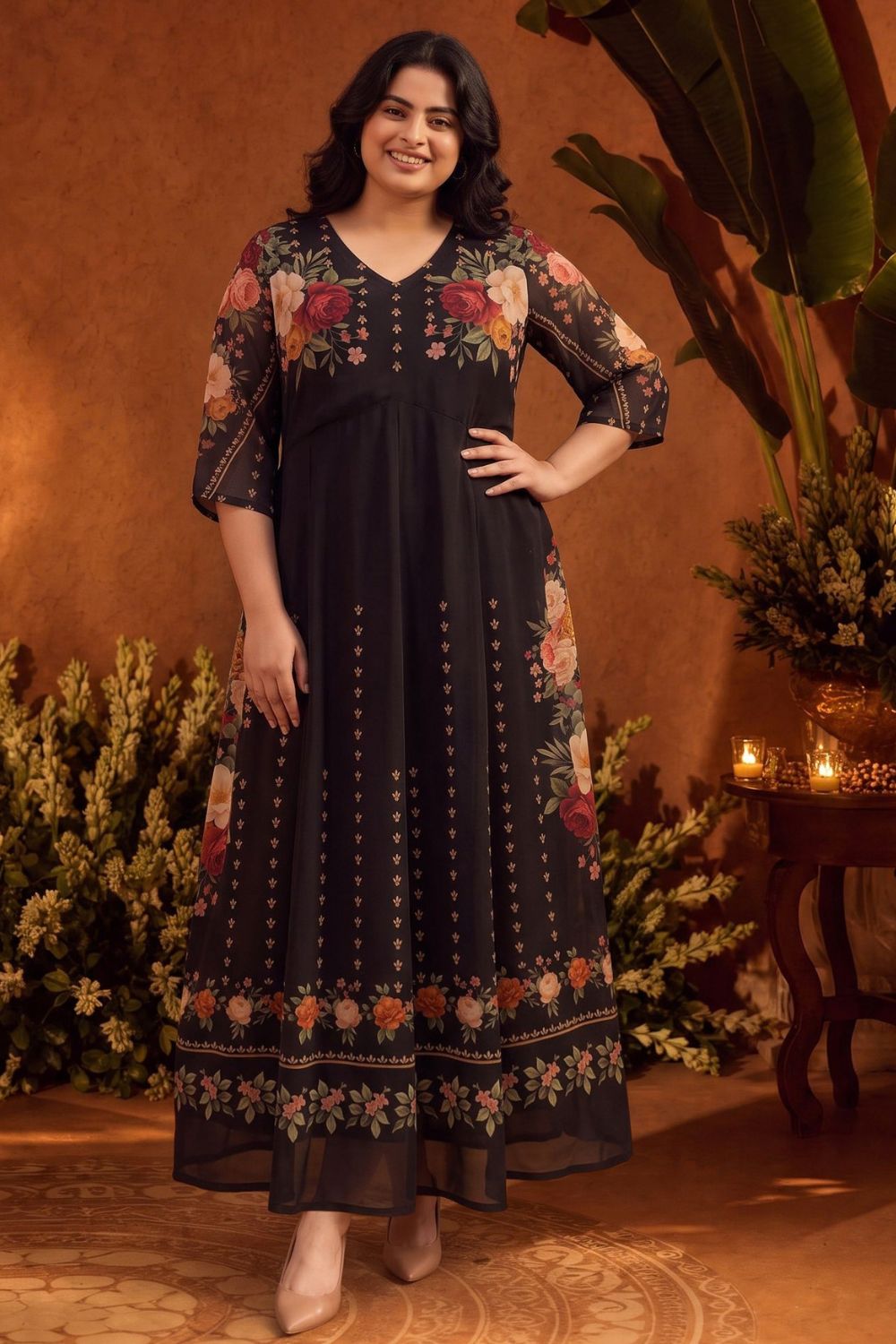 Plus Size Floral Elegance Print Georgette Anarkali Dress for Women