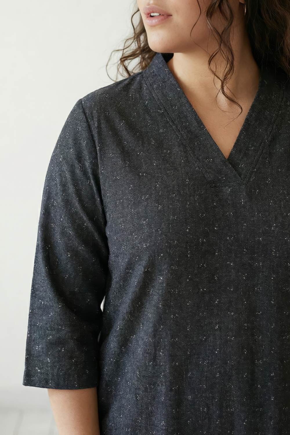 Plus Size Ash Black Denim Cotton V Neck Kurta for Women