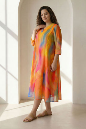 Plus Size Multicolor Abstract Print Cotton Midi Dress