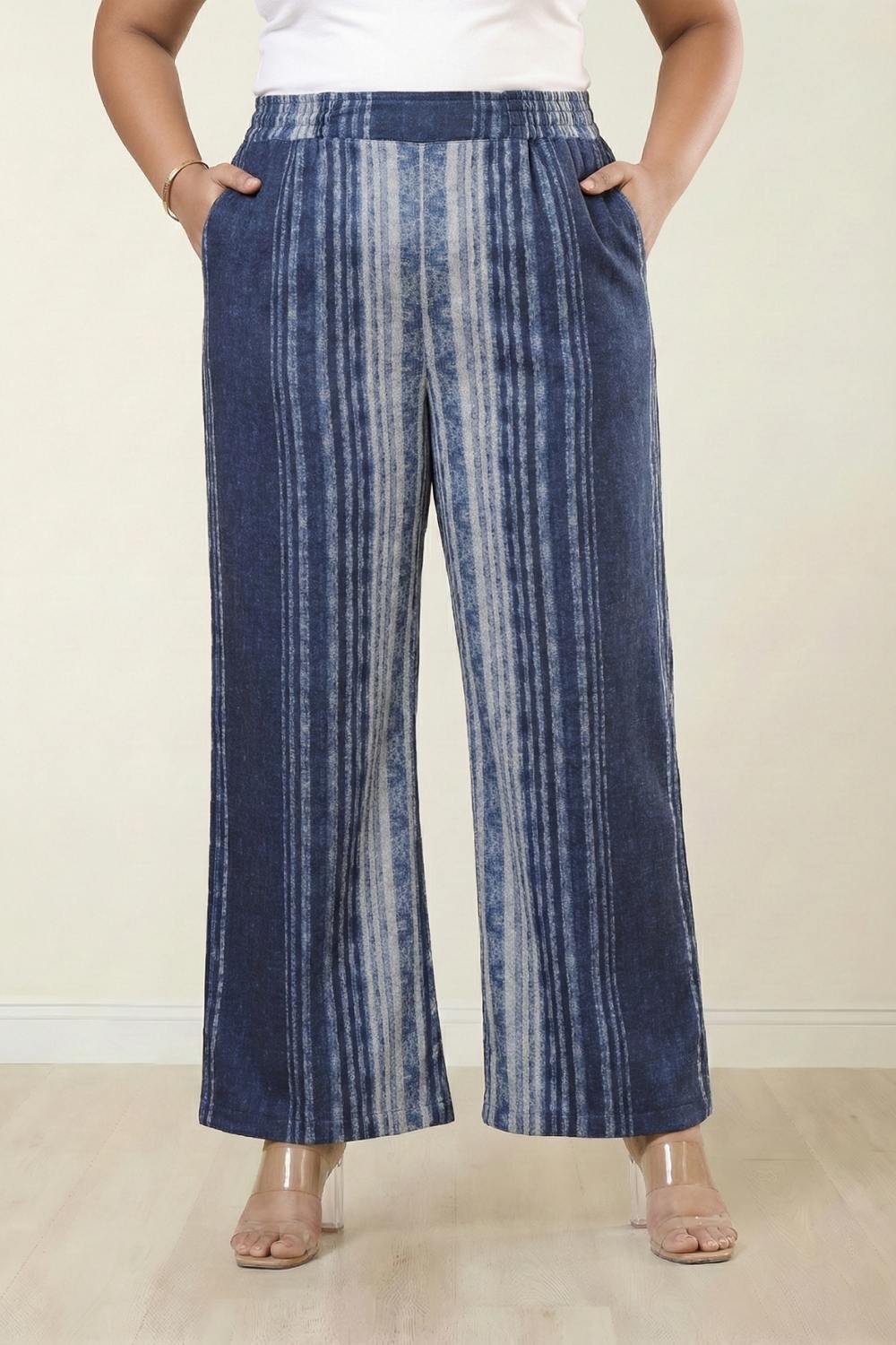 Comfortable Plus Size Blue Vertical Stripe Top SnugWeave™ Winter Coord Set