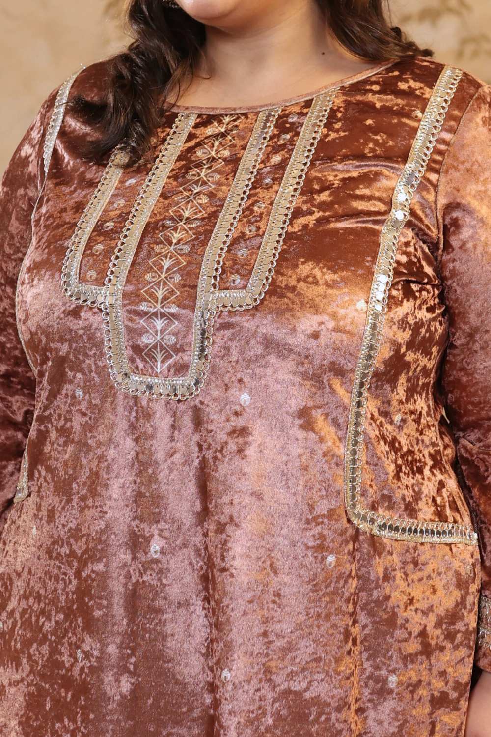 Plus Size Mocha Brown Print Velvet Suit Set