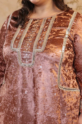 Plus Size Mocha Brown Print Velvet Suit Set