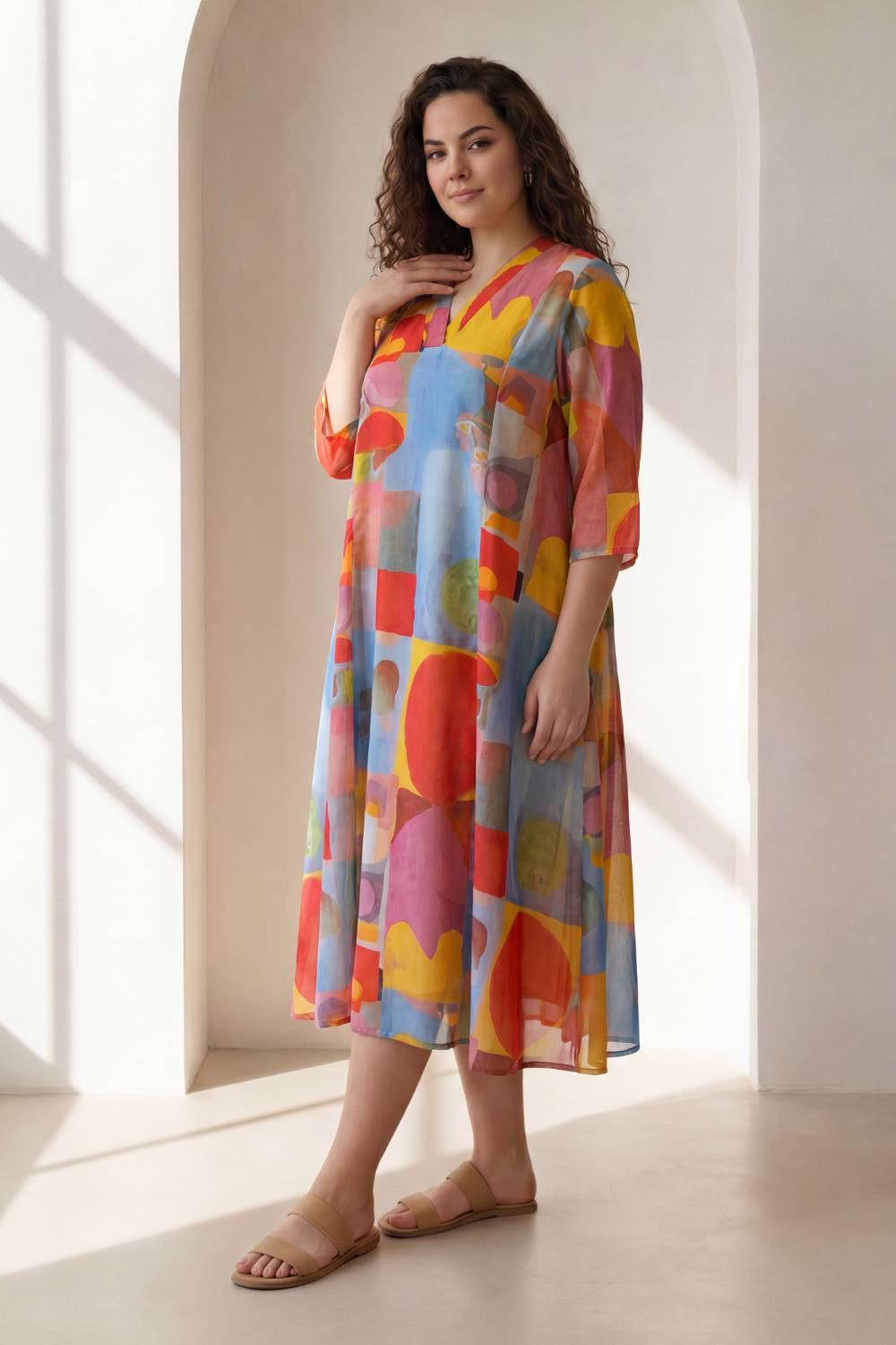 Comfortable Abstract Elegance Plus Size Midi Dress