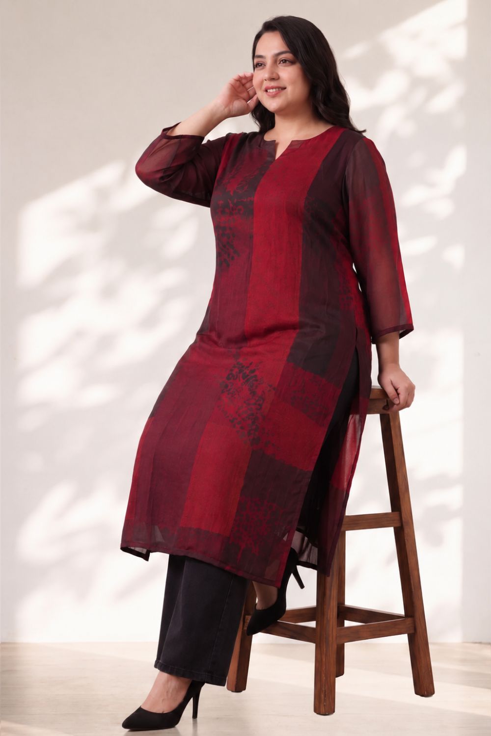 Comfortable Plus Size Red and Deep Black Abstract Textured Print Georgette Kurta