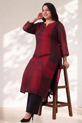 Plus Size Red and Deep Black Abstract Textured Print Georgette Kurta