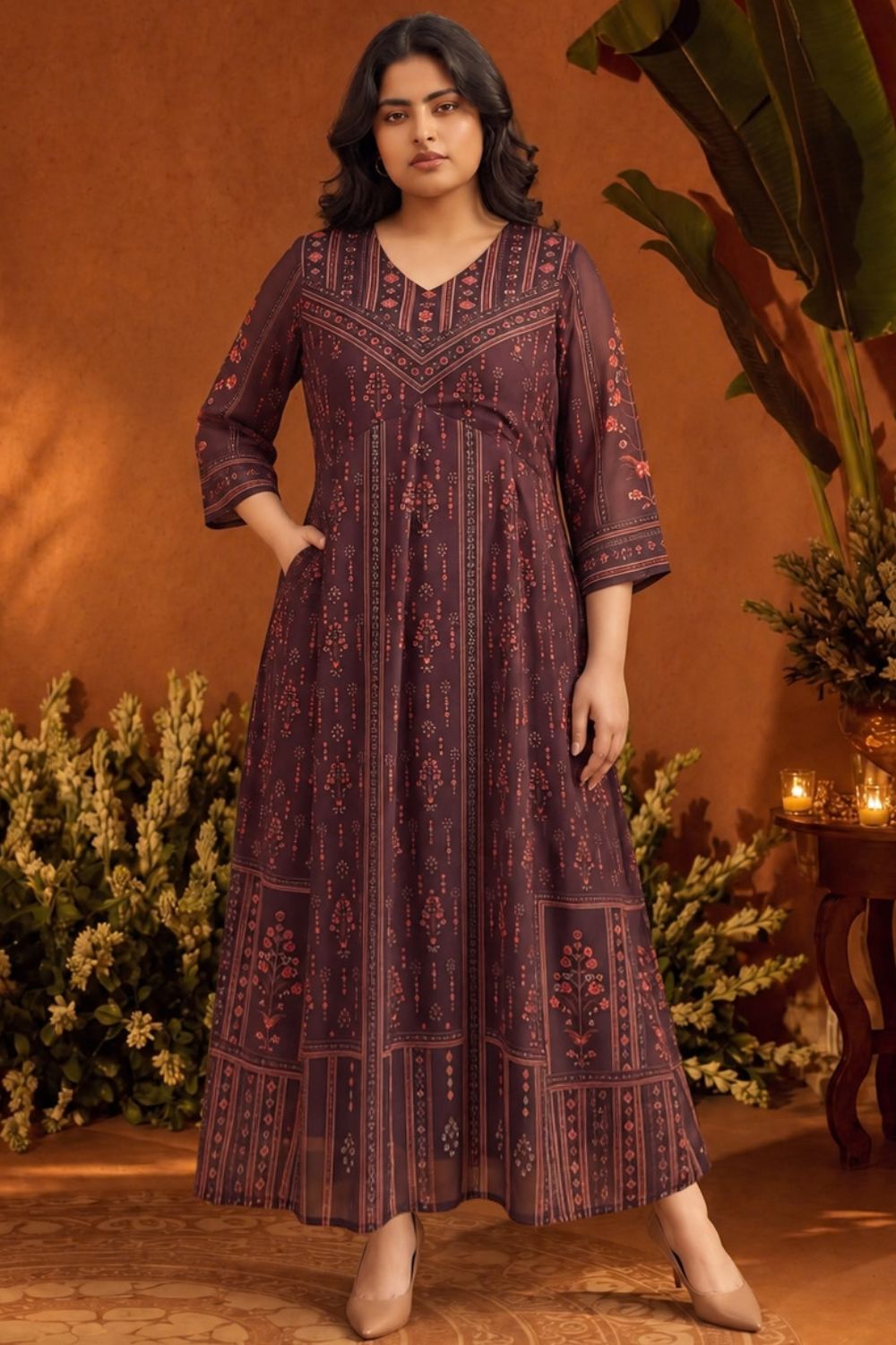 Plus Size Royal Motif Print Georgette Anarkali Dress