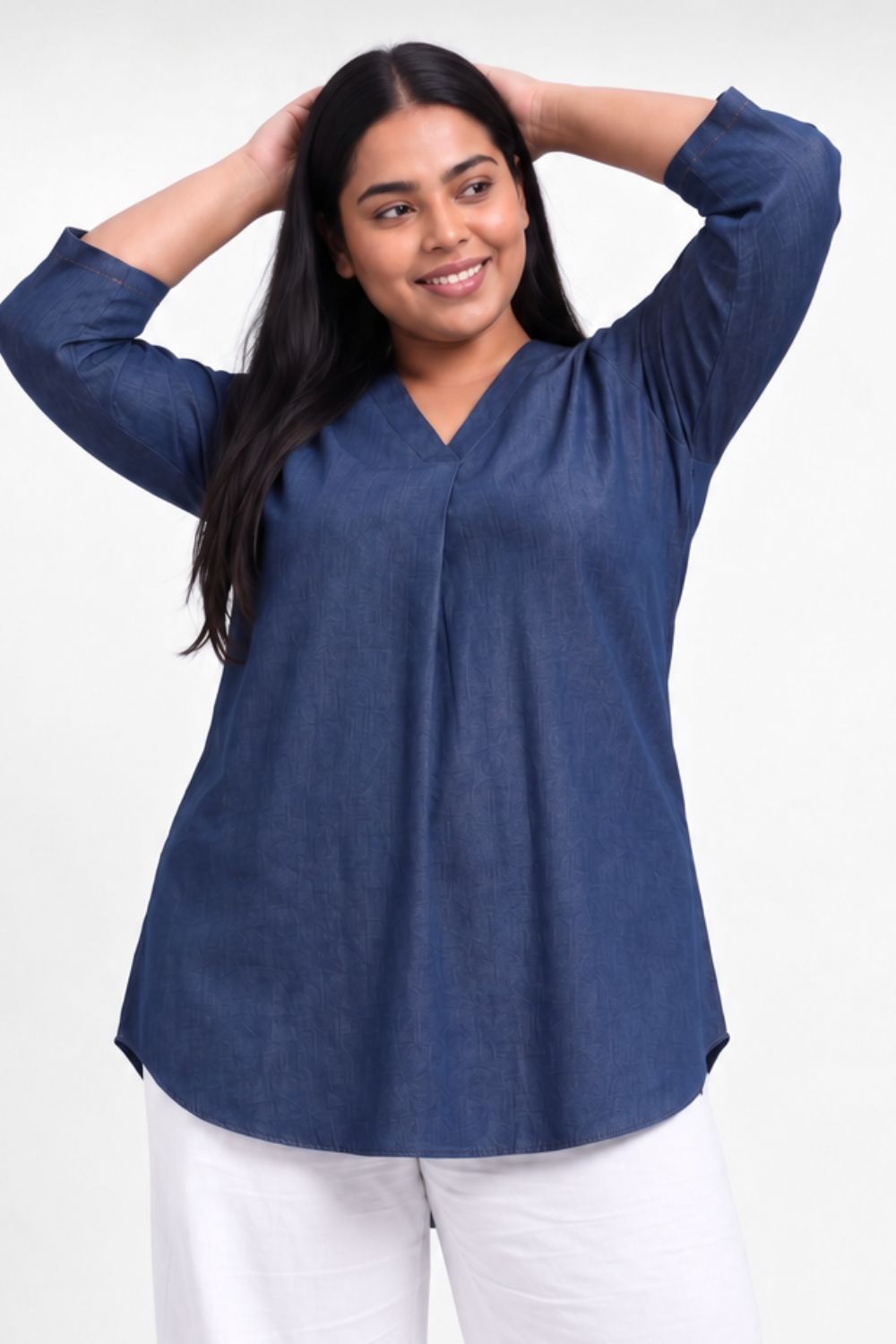 Comfortable Plus Size Denim Cotton V-Neck Top