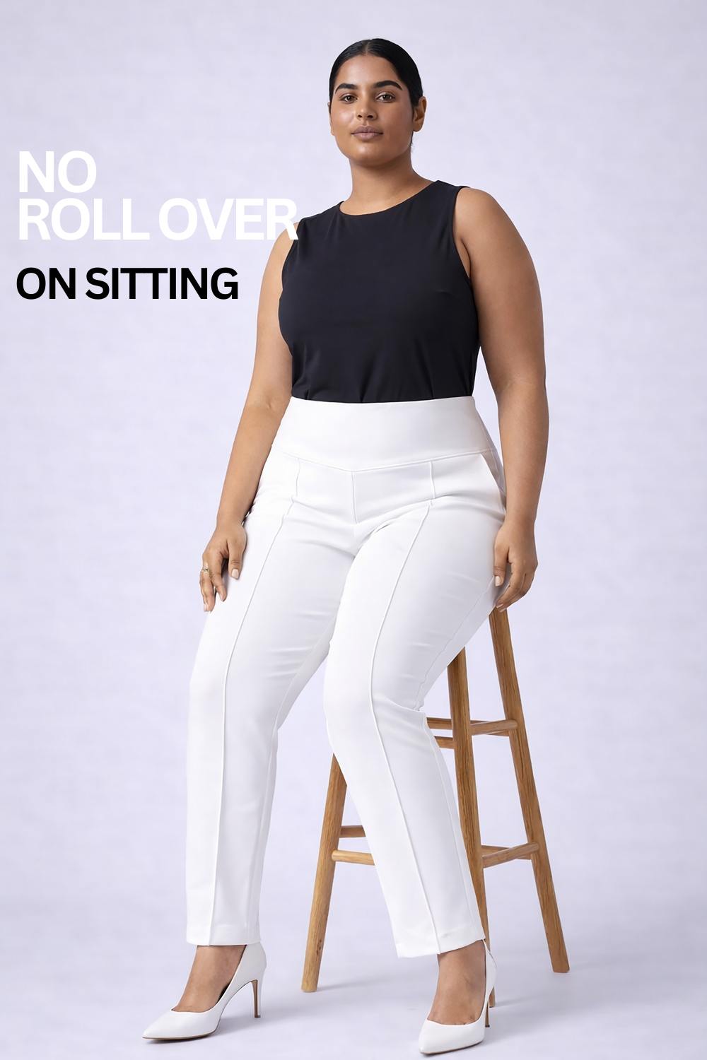 Comfortable Plus Size White Tummy Shaper Straight Fit Pants