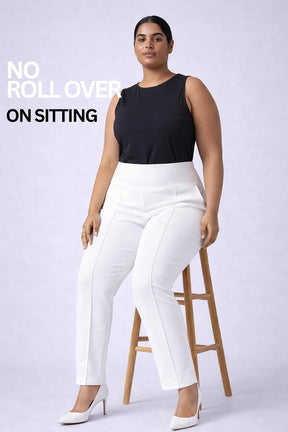 Plus Size White Tummy Shaper Straight Fit Pants