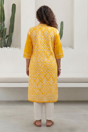Plus Size Yellow Ikat Print Cotton V-Neck Kurta