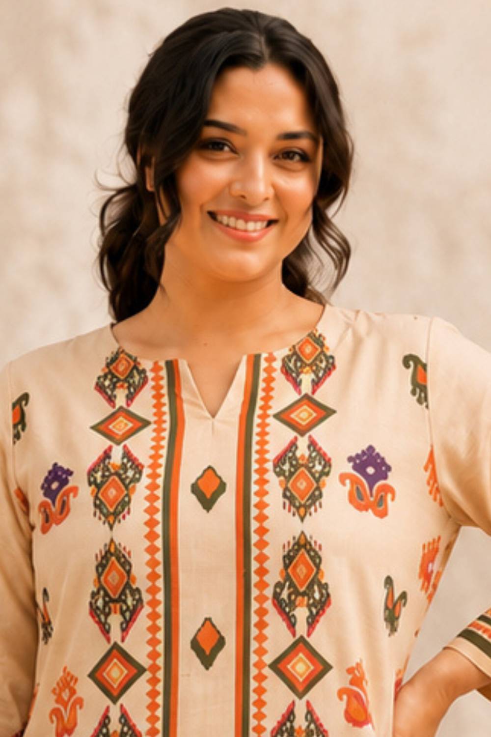 Comfortable Plus Size Beige Ethnic Border Print cotton Kurta