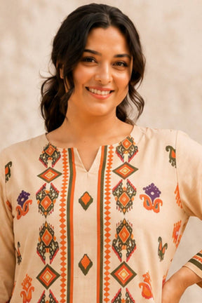 Plus Size Beige Ethnic Border Print cotton Kurta