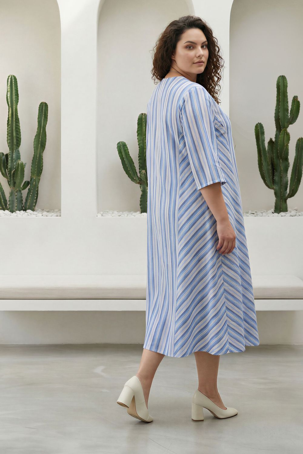 Comfortable Plus Size Blue Stripe Print Cotton Midi Dress