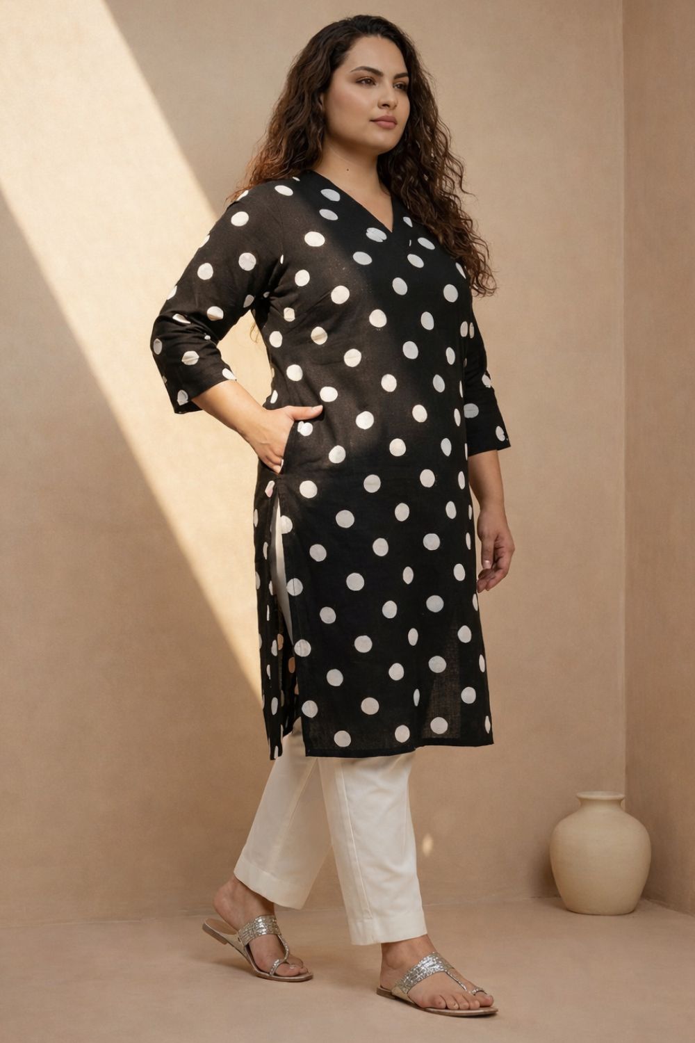 Plus Size Black Polka Print Rayon V Neck Kurta