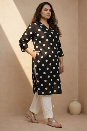 Plus Size Black Polka Print Rayon V Neck Kurta