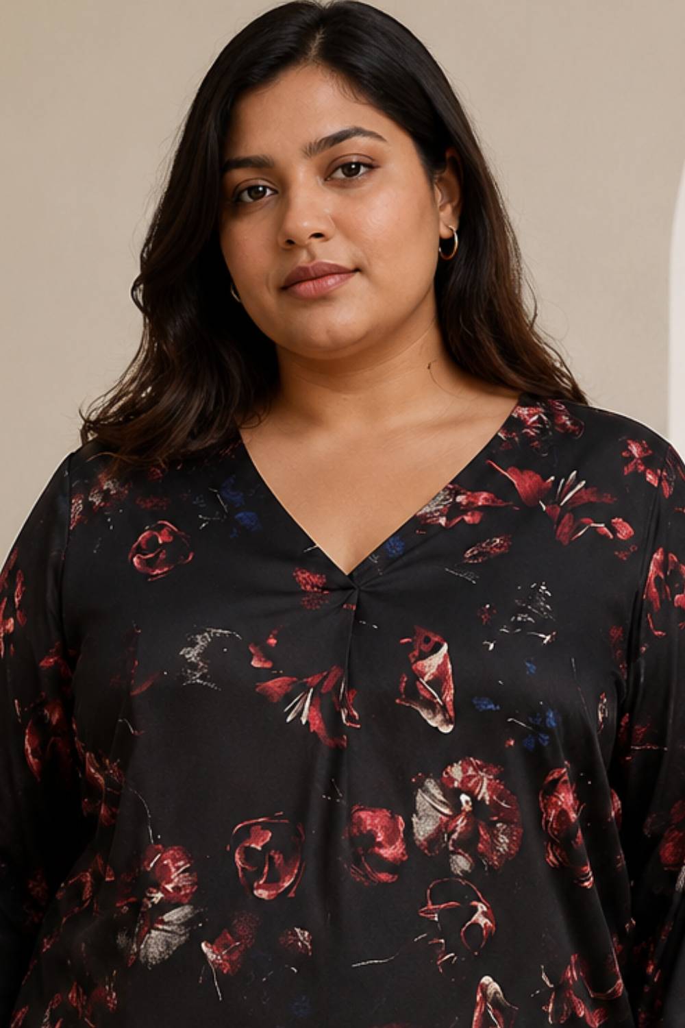 Comfortable Plus Size Black Floral Print V-Neck Satin Top