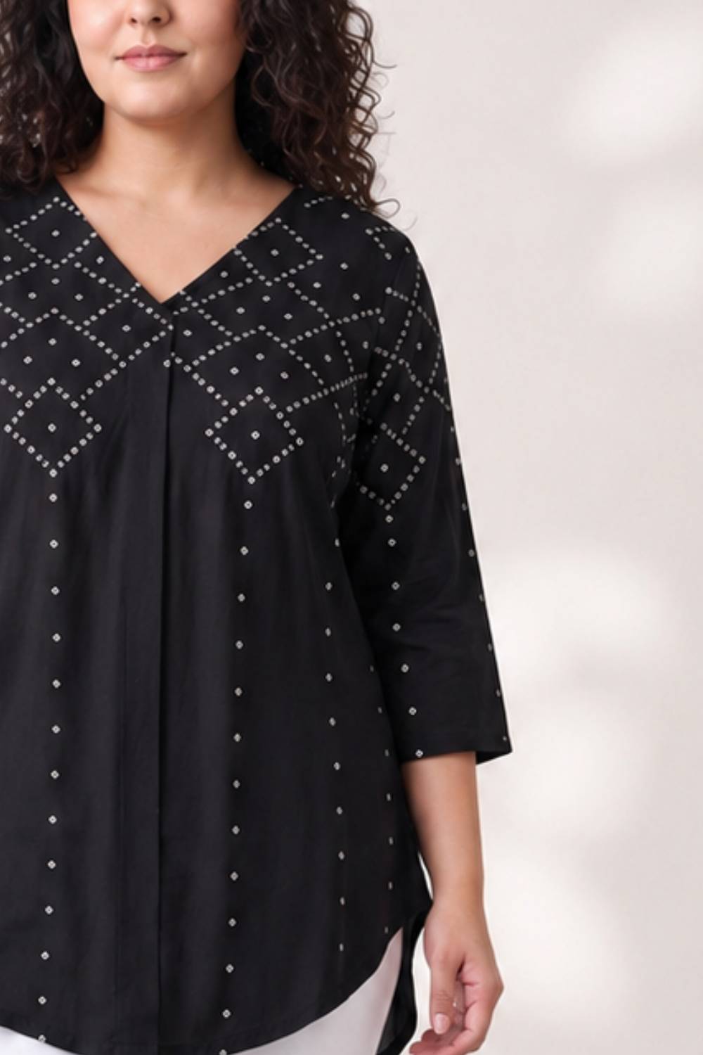 Plus Size Black Bandhej Print Top for Women