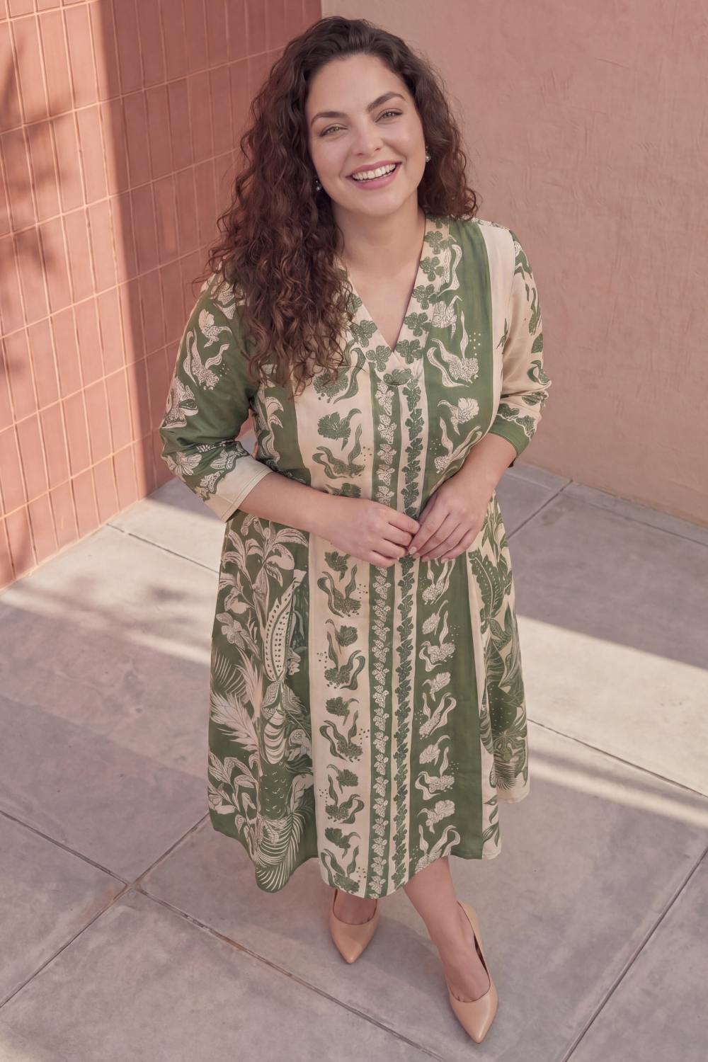 Plus Size Olive Grace Printed Cotton Midi Dress