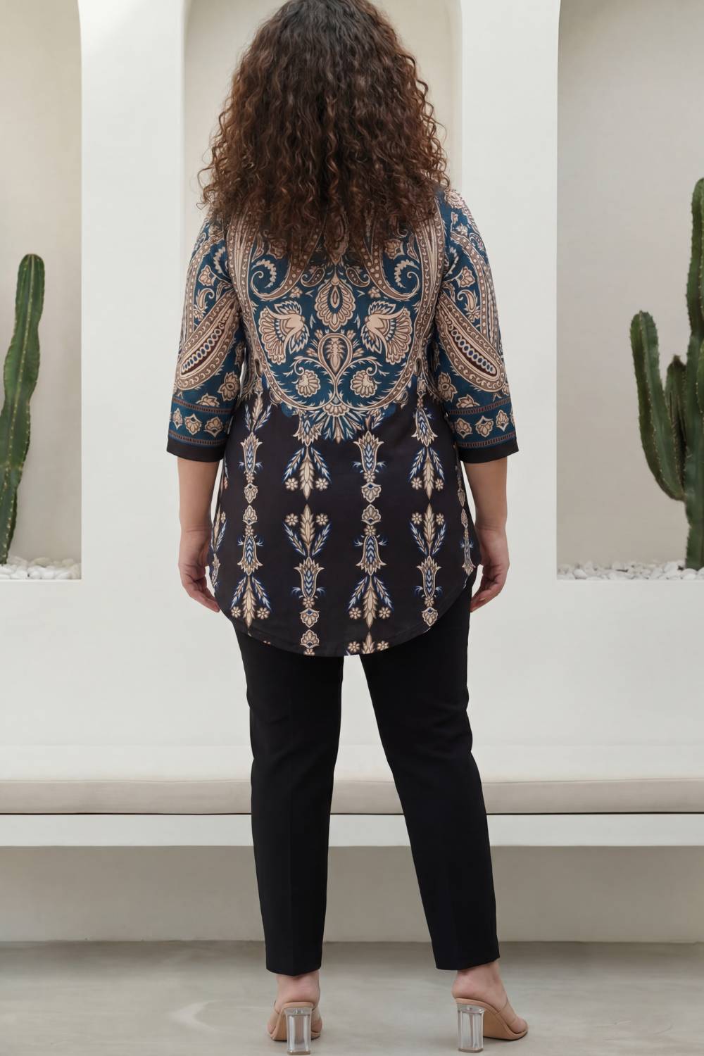 Comfortable Plus Size Black Luxe Ethnic Print Centre Pleat Top