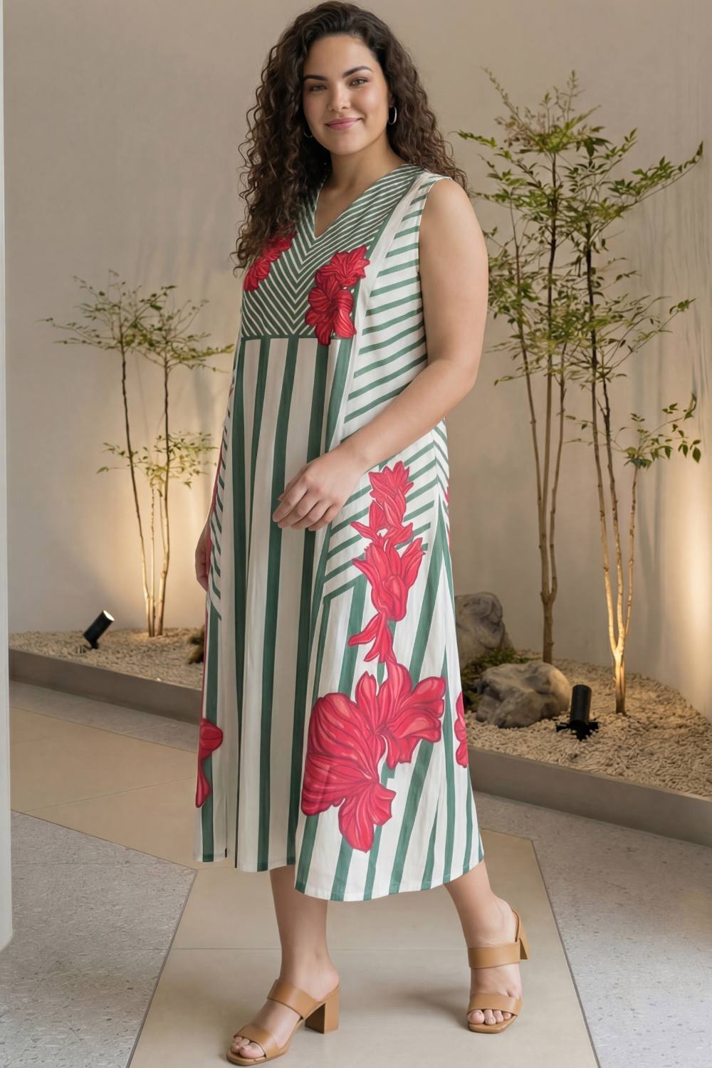 Comfortable Plus Size Green Stripe Floral Print Sleeveless Cotton Midi Dress