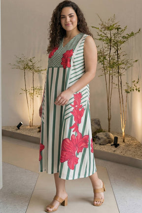 Plus Size Green Stripe Floral Print Sleeveless Cotton Midi Dress