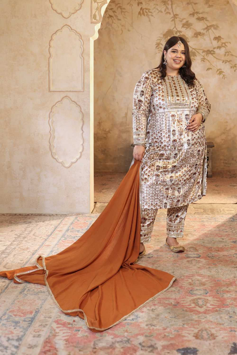 Plus Size Ivory Rust Ethnic Printed Velvet Suit Set for Women