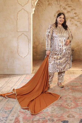 Plus Size Ivory Rust Ethnic Printed Velvet Suit Set