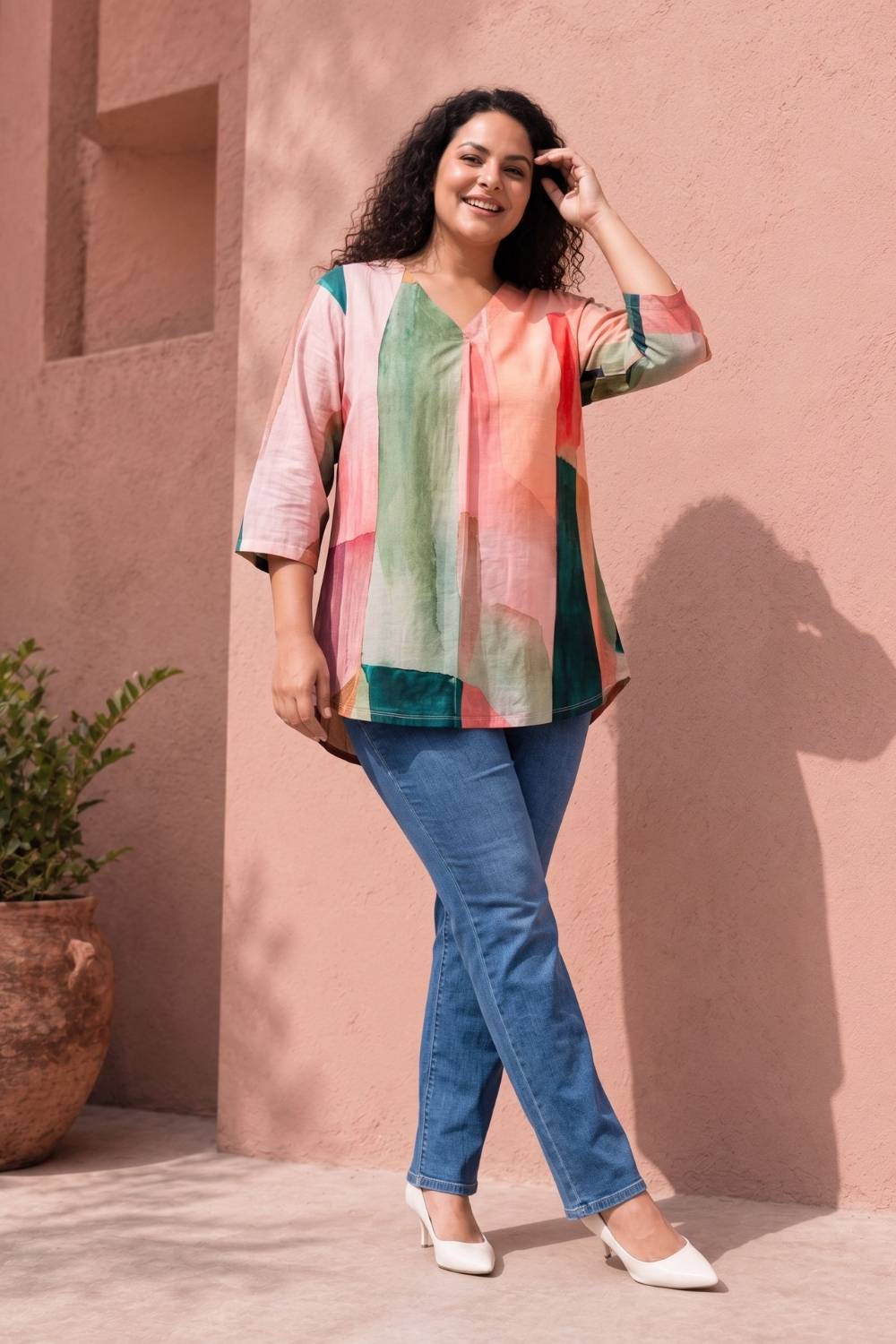 Comfortable Plus Size Multicolor Abstract Print Top