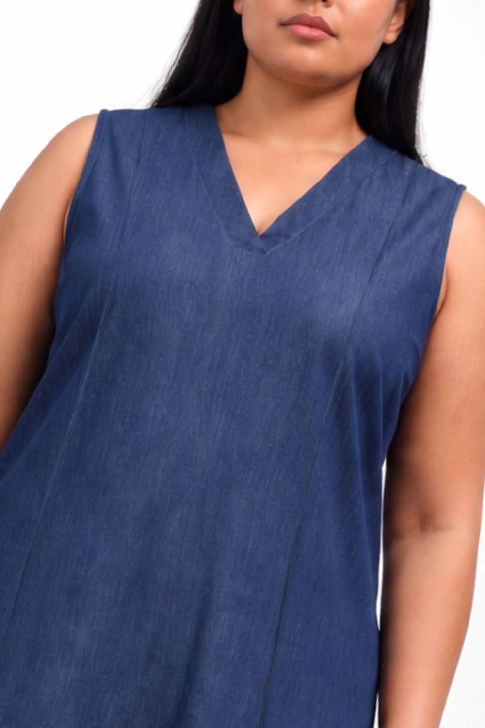 Comfortable Plus Size Sleeveless Indigo Denim Cotton A-Line Dress