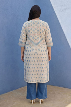 Plus Size Cream Mughal Floral Cotton V-Neck Kurta
