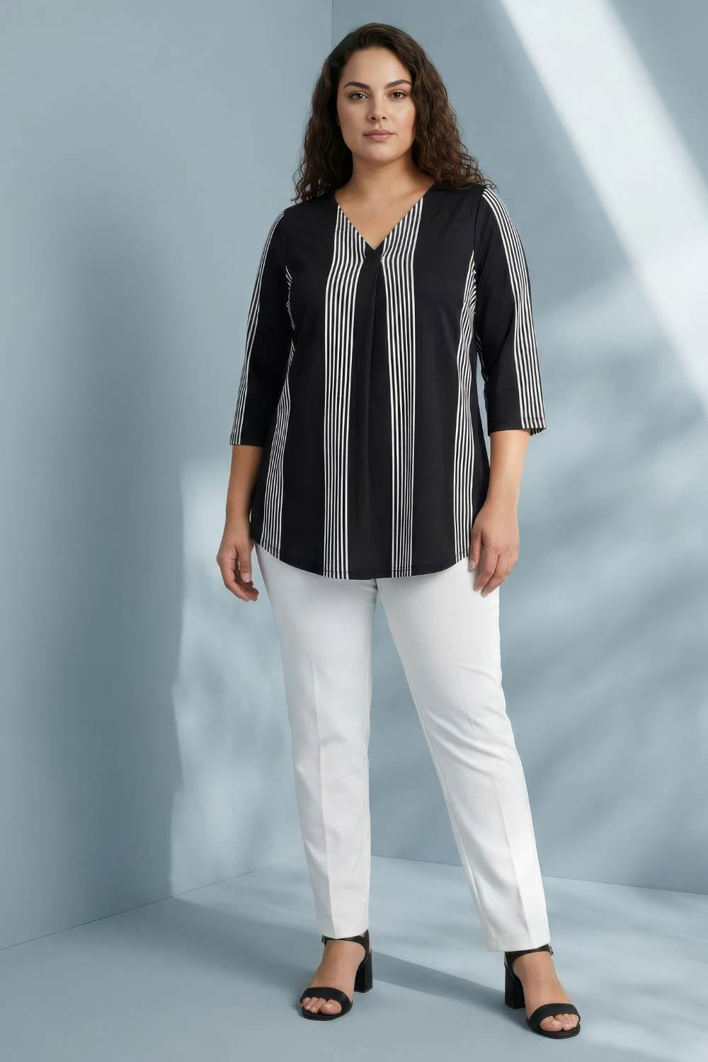 Plus Size Plus Size Black White Striped Centre Pleat Top
