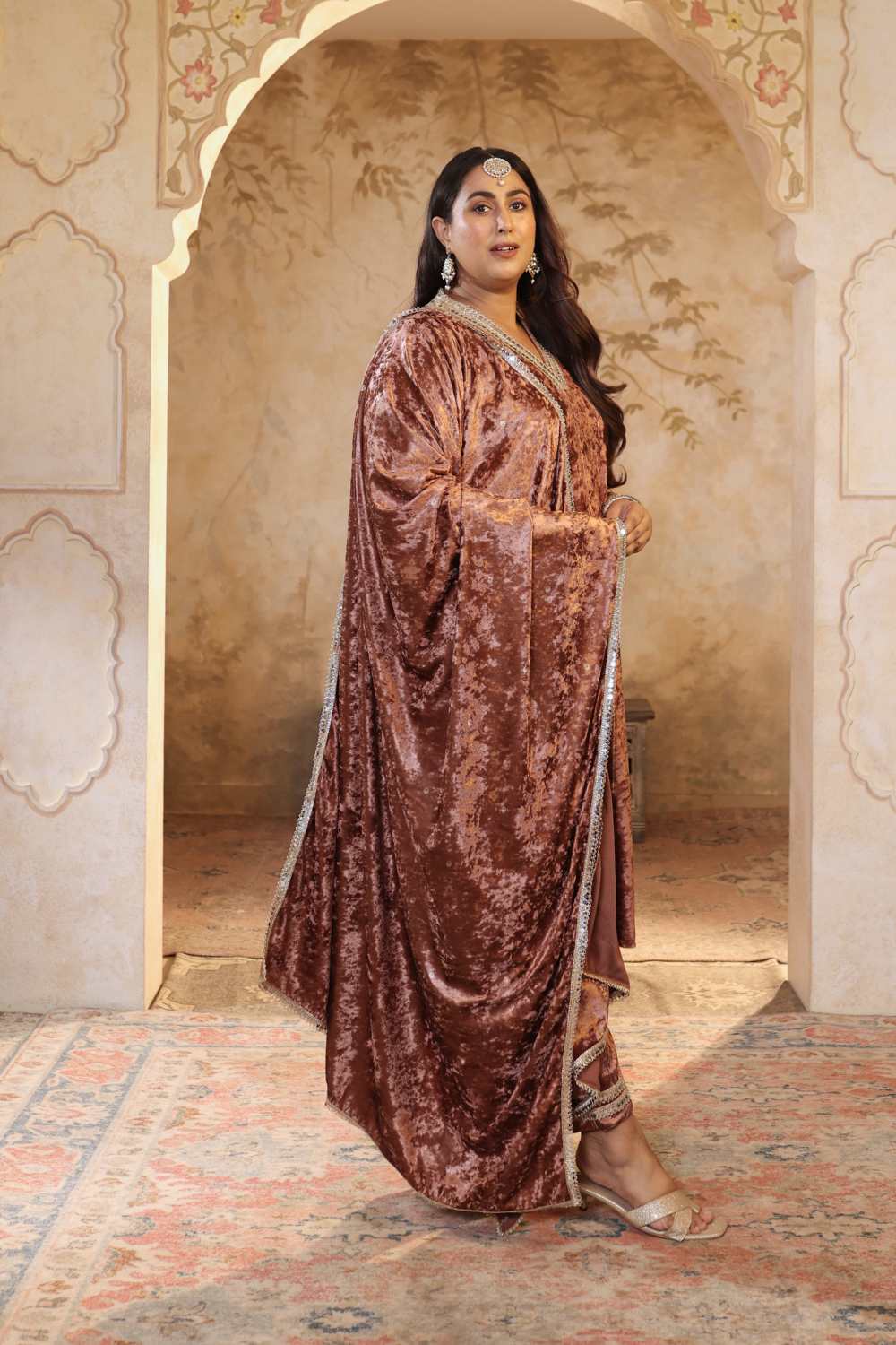 Plus Size Mocha Brown Velvet V Neck Suit Set