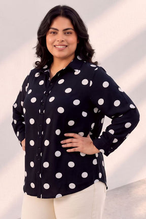 Plus Size Black Polka Print Rayon Shirt