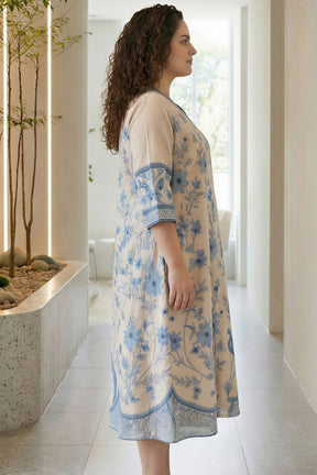 Plus Size Beige Ethnic Floral Print Cotton Midi Dress