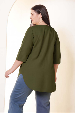 Plus Size Olive Green V-Neck Cotton Linen Top