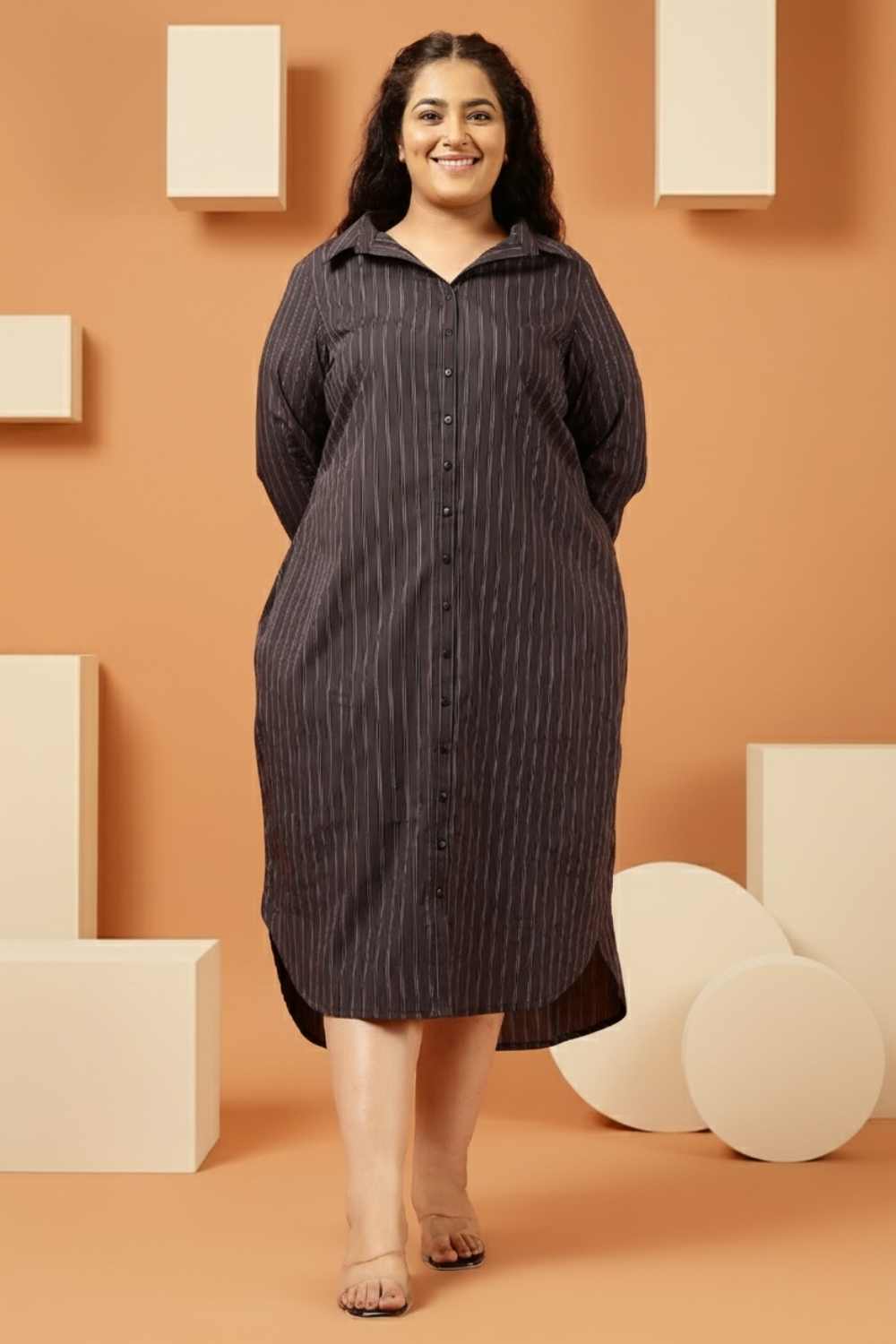 Plus Size Black Pinstripe Cotton Shirt Dress