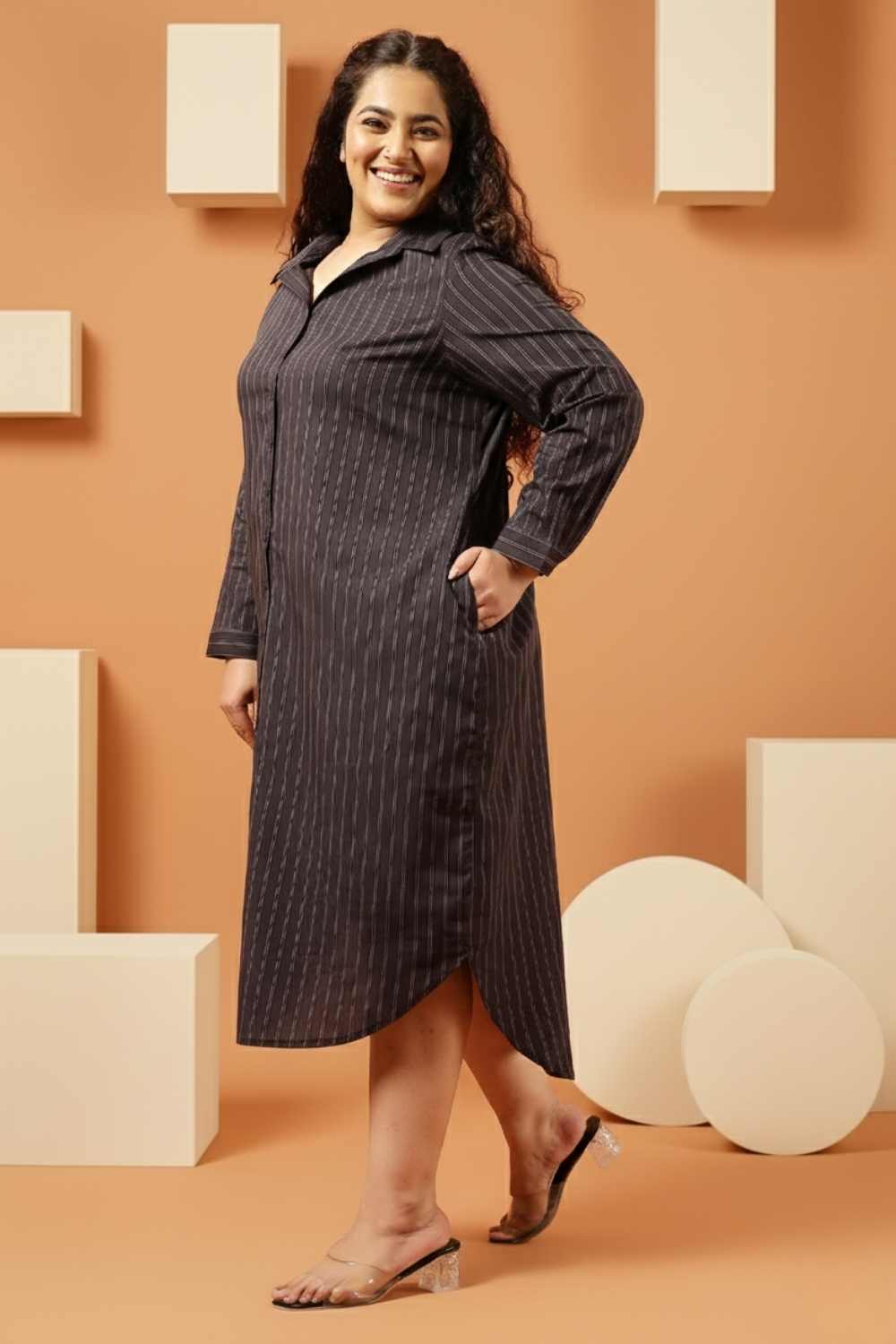 Plus Size Black Pinstripe Cotton Shirt Dress