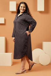 Plus Size Black Pinstripe Cotton Shirt Dress
