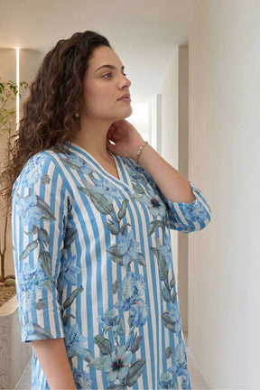 Plus Size Blue Floral Stripes Top
