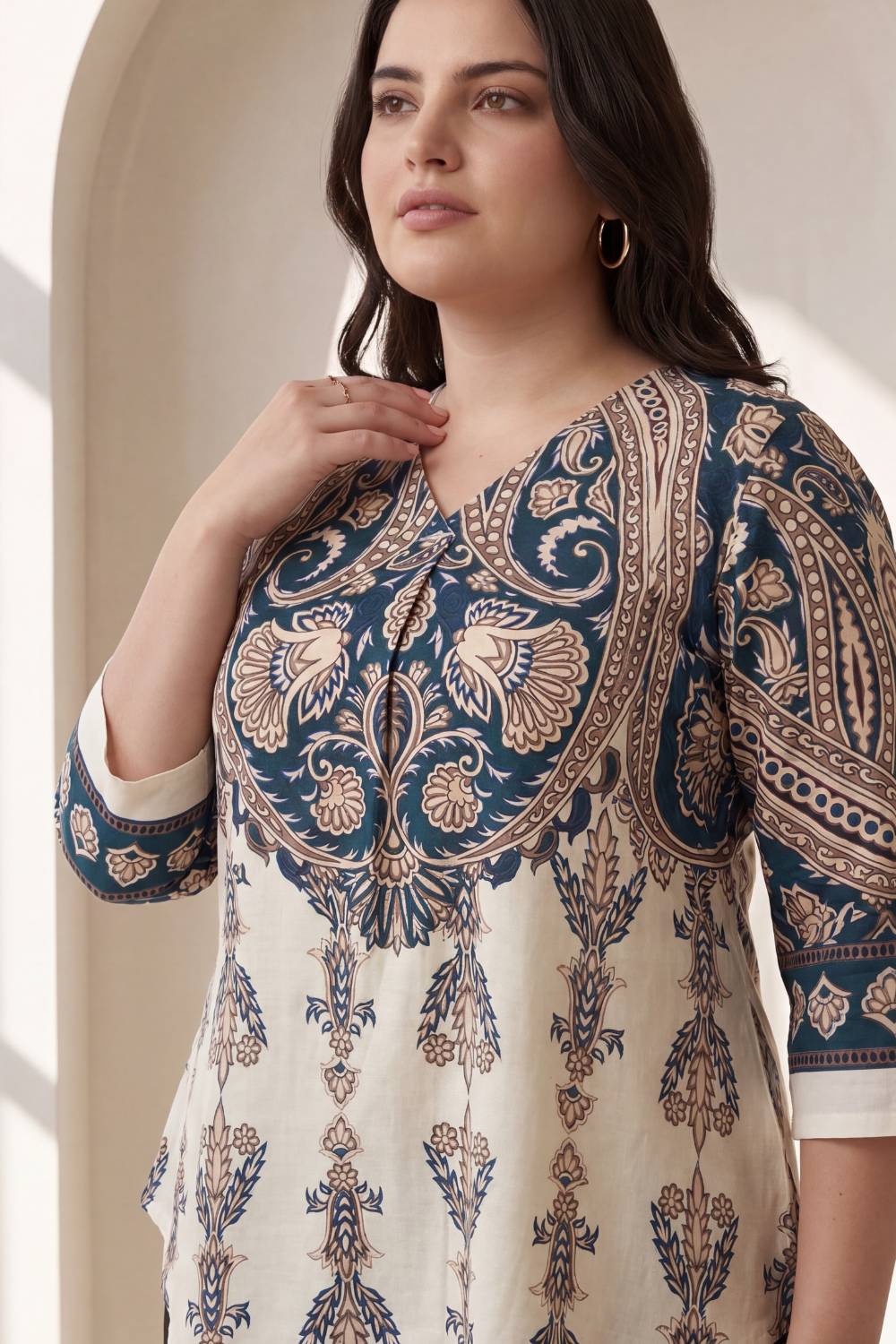 Plus Size Cream Luxe Ethnic Print Centre Pleat Top