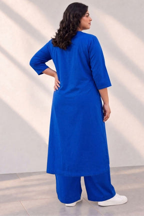 Plus Size SoftEase V Neck Blue Cotton Kurta Coord Set