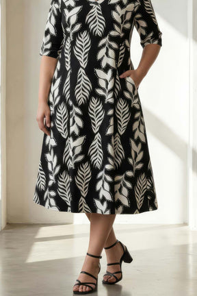 Plus Size Black & White Leaf Print Rayon Midi Dress
