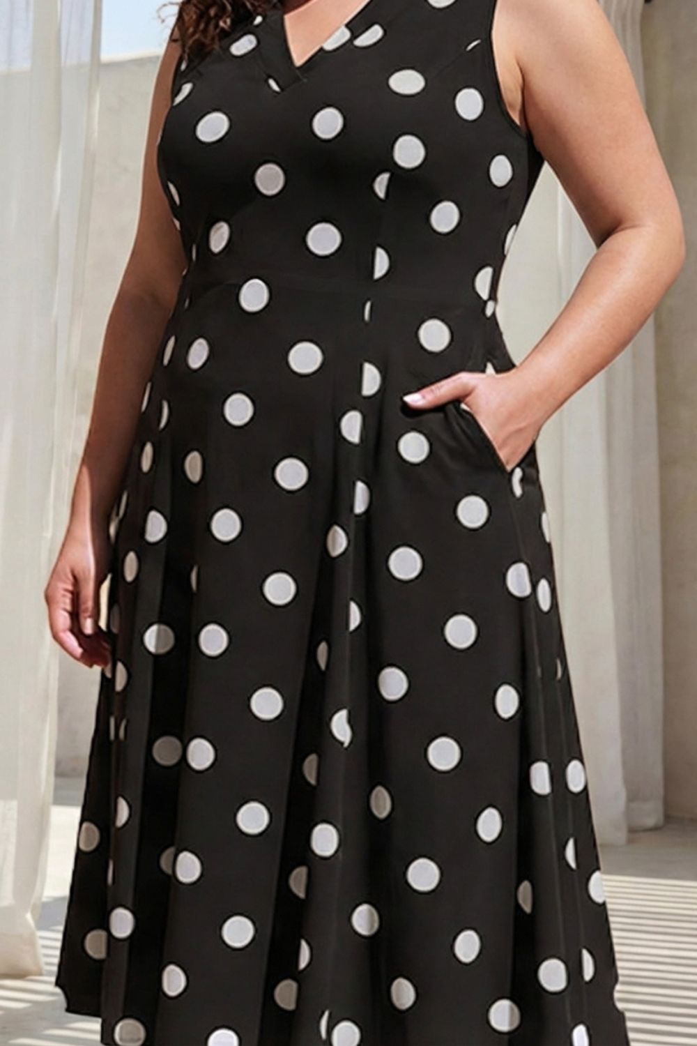 Plus Size Black Polka Print Sleeveless Rayon Midi Dress for Women