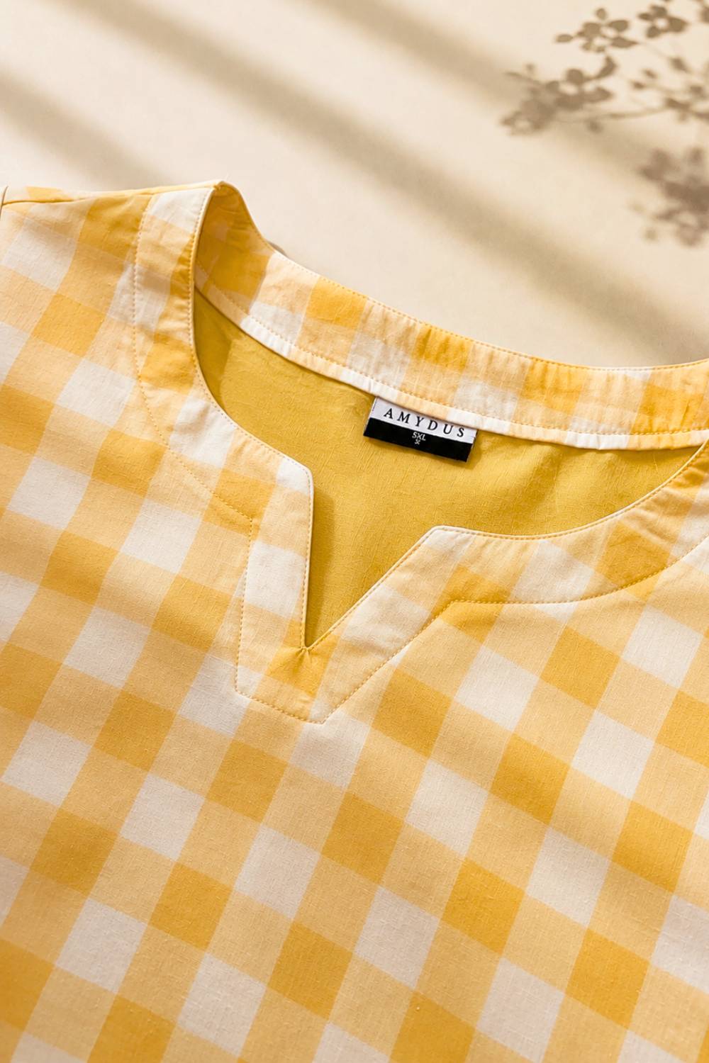 Plus Size Yellow Gingham Floral Print cotton Kurta