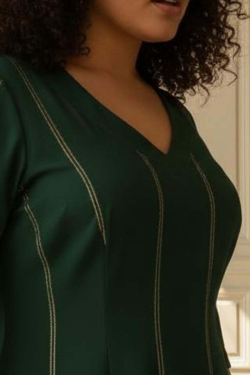 Plus Size Emerald  Green Golden Pin Stripe Midi Dress for Women