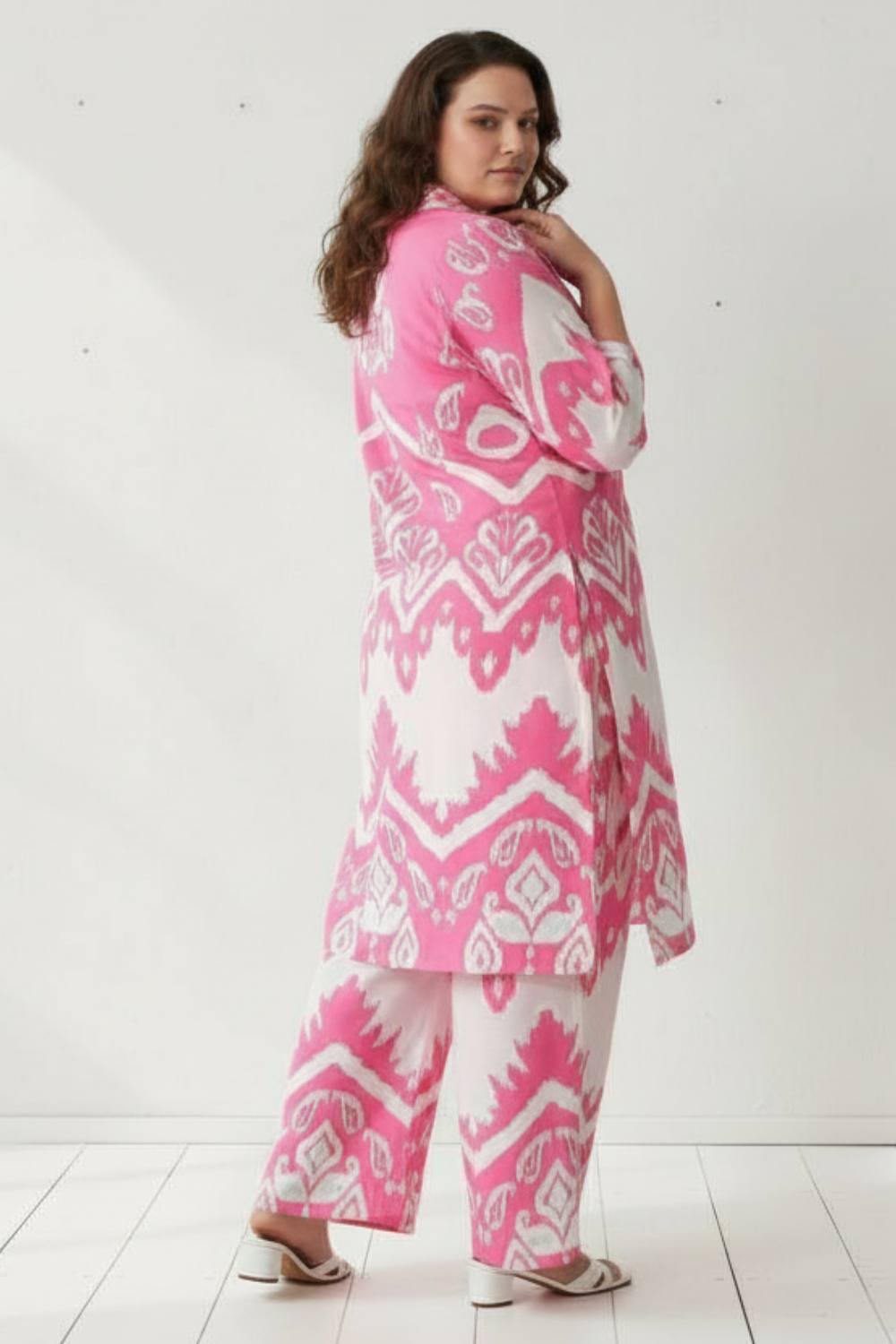 Plus Size Pink White Printed Co-ord Set