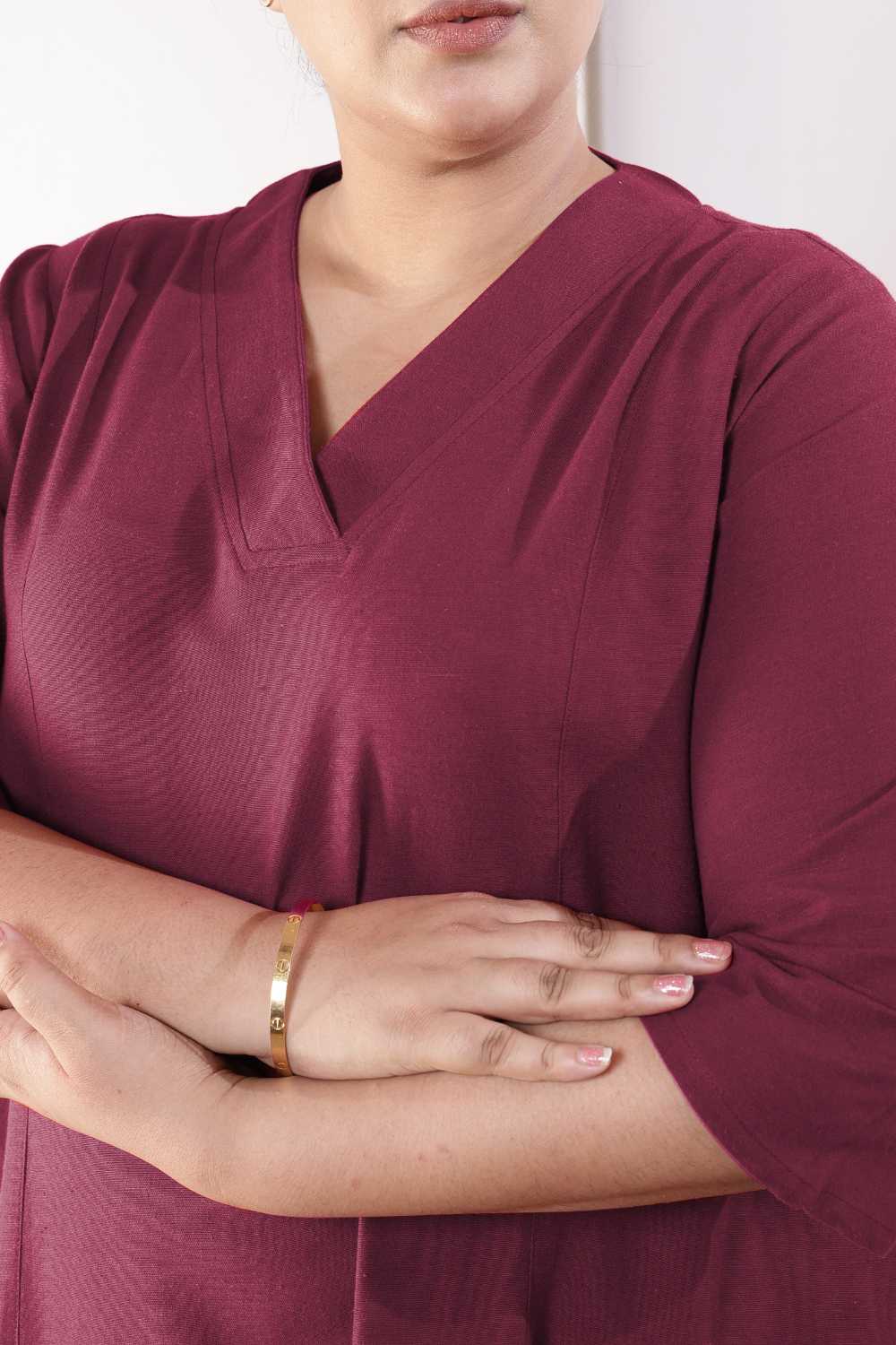 Comfortable Plus Size Wine Cotton Linen Midi Dress