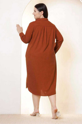 Plus Size Rust Brown Cotton Linen Shirt Dress