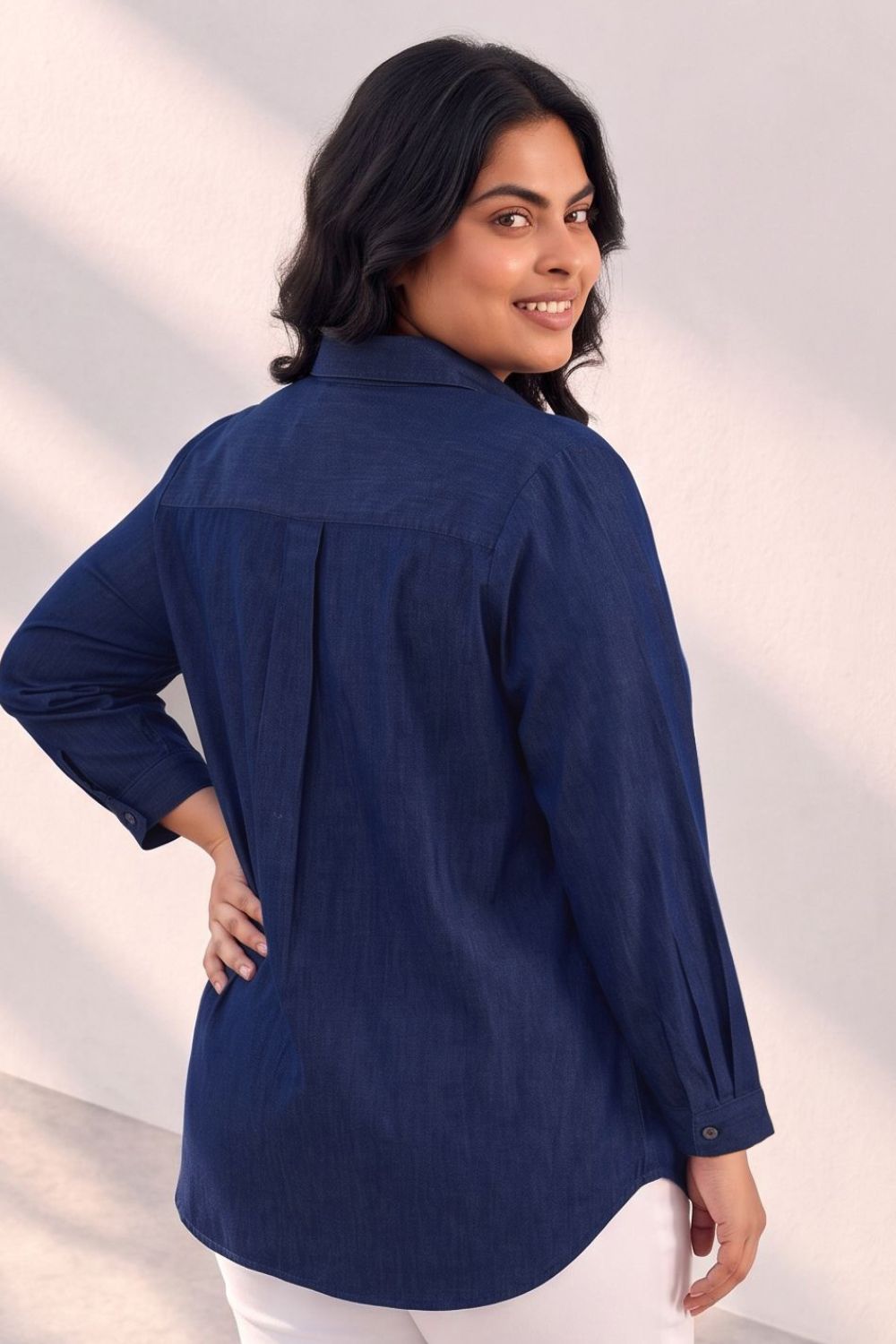 Plus Size Indigo Blue Denim Cotton Shirt